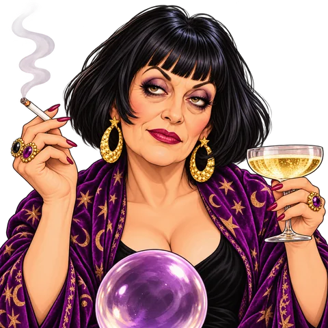 Mystic Slag with champagne and her crystal ball